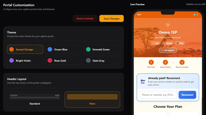 Bitwave Technologies portal customization screen showing colour themes, header layouts and a live preview